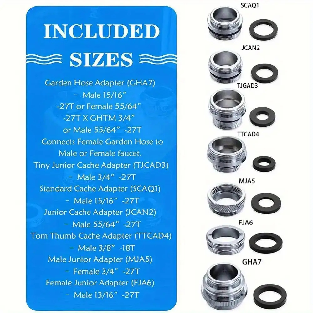 Image of 14pcs Faucet Adapter Set, Includes 7 Adapter Washers - Aerator Additions Male Female Connector Garden Hose Filter Standard Sink Sprayer Metal Silvery For Kitchen Bathroom Fixture Sink Aerator