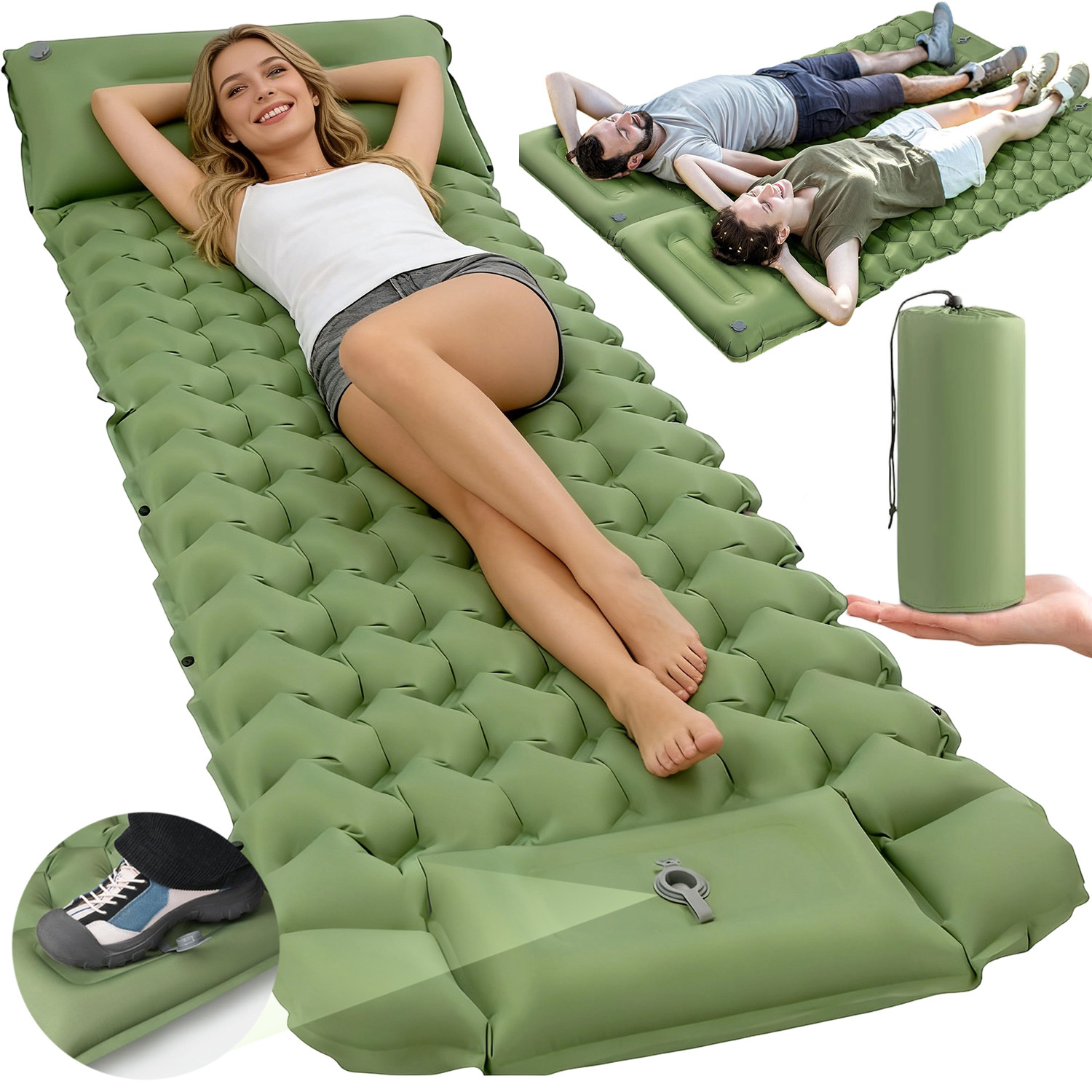 Portable Inflatable Sleeping Mat 200×66×9cm With Integrated Foot Pump And Pillow, Ideal For Hiking And Camping Trips