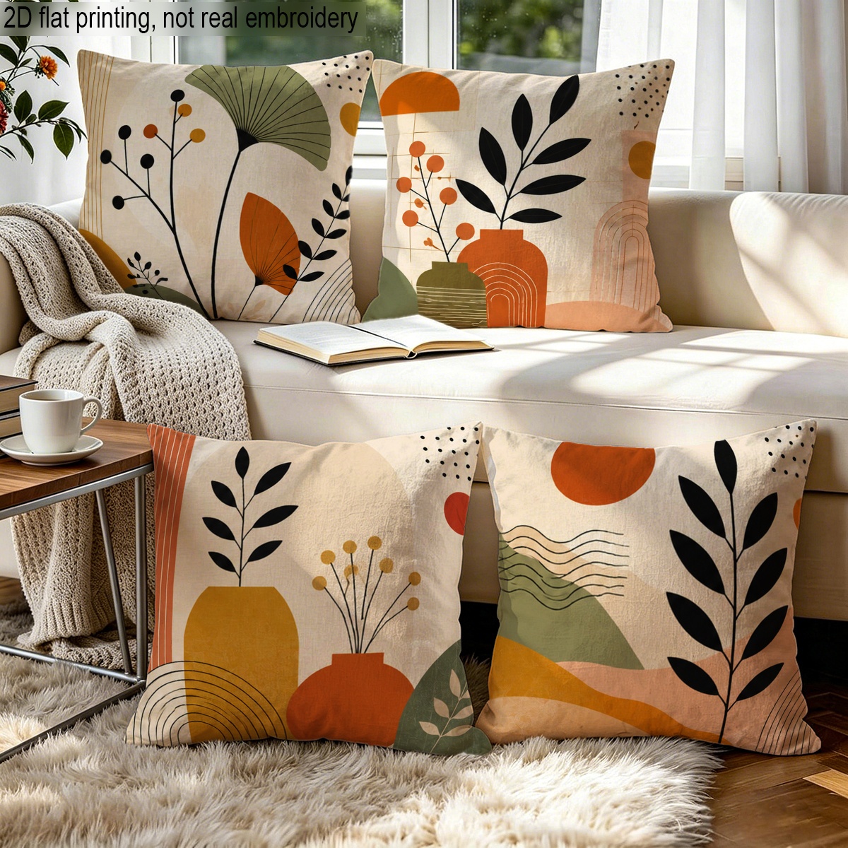 TEMU Lot de 4 taies d'oreiller plates 2D, imprimé géométrique de couleur vase à plantes, housses de coussin de style vintage - pour décoration