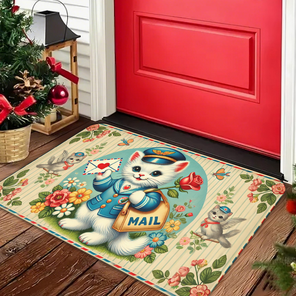 

1pc Valentine's Day Cat Flannel Mat, Non-slip, Oil & Waterproof, Machine Washable, Polyester Knit Square Rug For Home Decor, Entrance, Bathroom, Living Room - 1.2cm Thickness