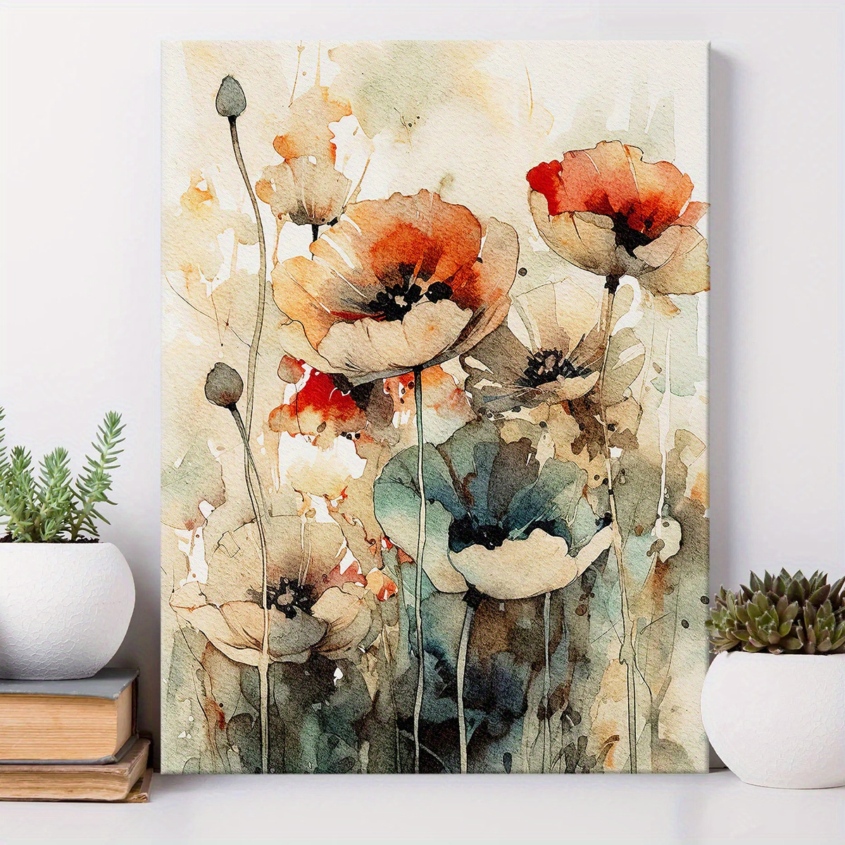TEMU 1pc Peinture Moderne Abstraite de Coquelicot à - Impression Beige/Marron/Rouge/Orange/Vert dans un Cadre en Bois de Pin, Toile Imperméable et