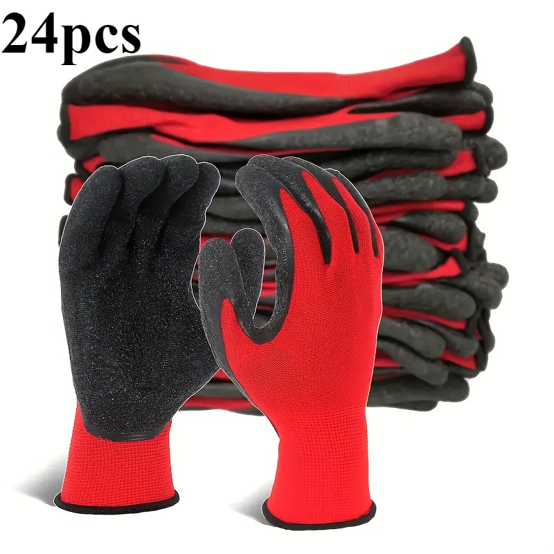 24pcs heavy duty work gloves 12 pairs per pack red and black anti   washable and foldable suitable for construction gardening   painting automotive durable protective gloves for men and women multi purpose all