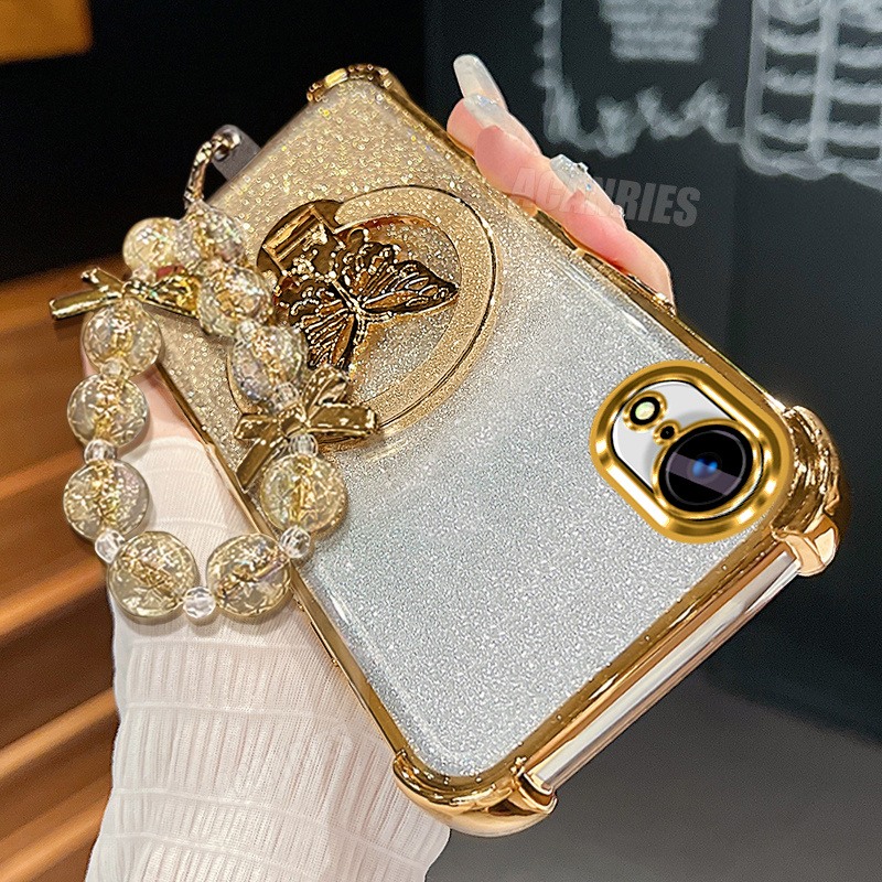 TEMU Phone Case - Luxury Glitter Bracket Folding Holder For Iphone Xr, Featuring A Beaded Lanyard Wrist Strap Chain And A Gradient Plating Phone Case