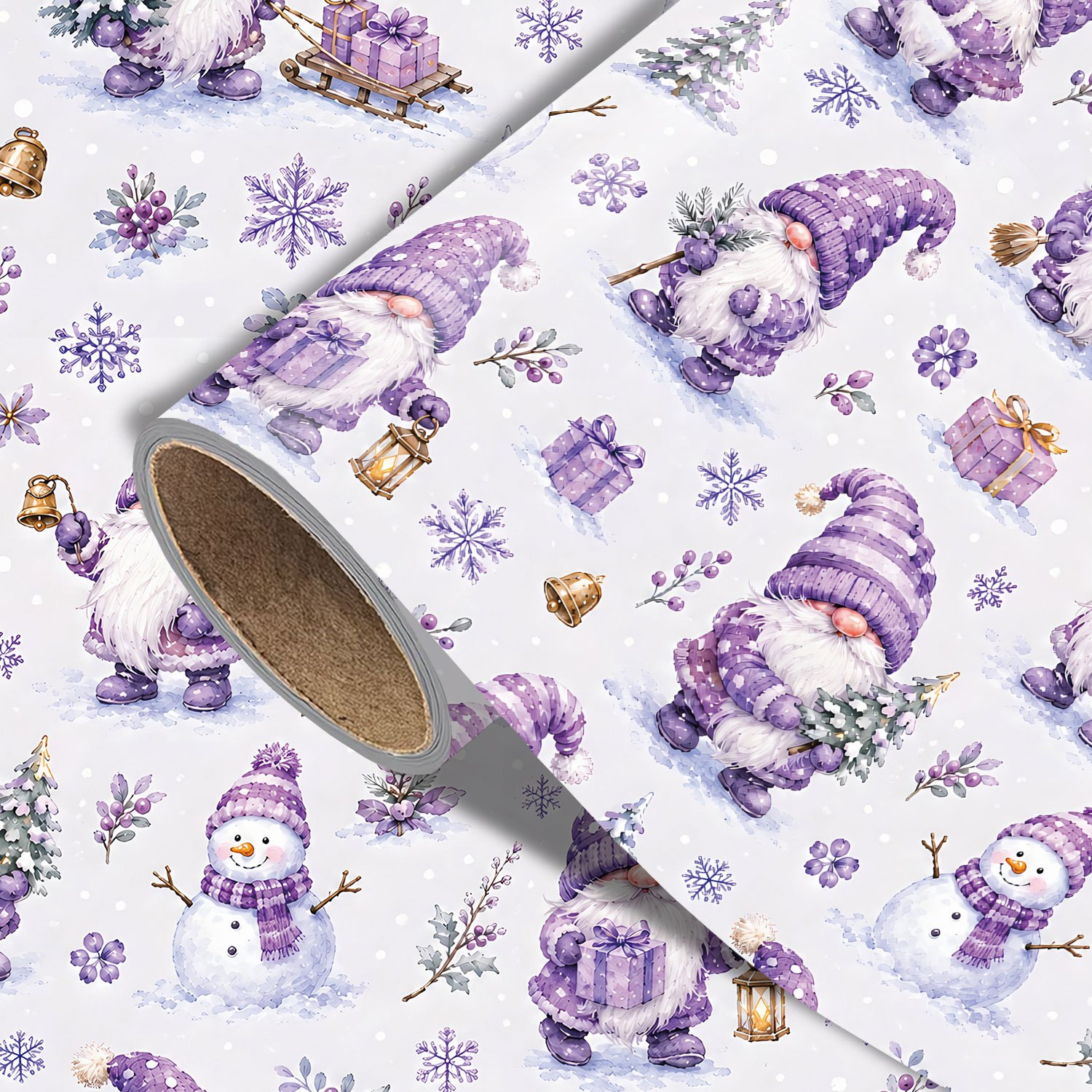 TEMU Rouleau de de Noël violet - 17,7 pouces x 118 pouces, emballage cadeau de fêtes avec gnome et de neige mignons et motif de de neige d'hiver pour