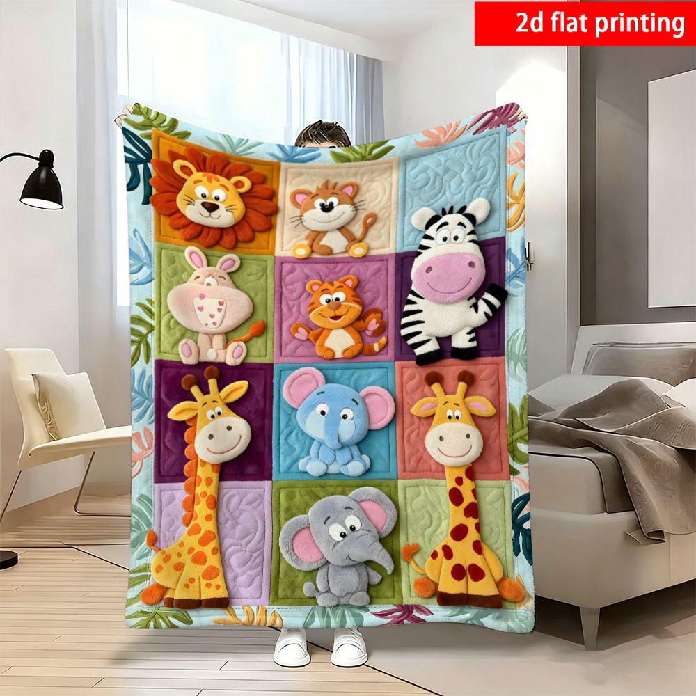 TEMU 2d Flat Printing, 1pc, Texture Cartoon Forest Animal Print Flannel Blanket, Single-sided Print, Suitable For , Travel, Camping, Office, A Warm