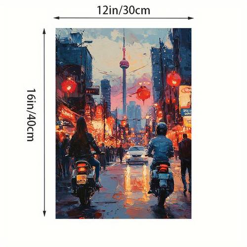 1pc vibrant cityscape motorcycle street art print frameless 12x16 scene with red lanterns reflective sky living room bedroom decor ideal gift for mothers day valentines easter thanksgiving ar
