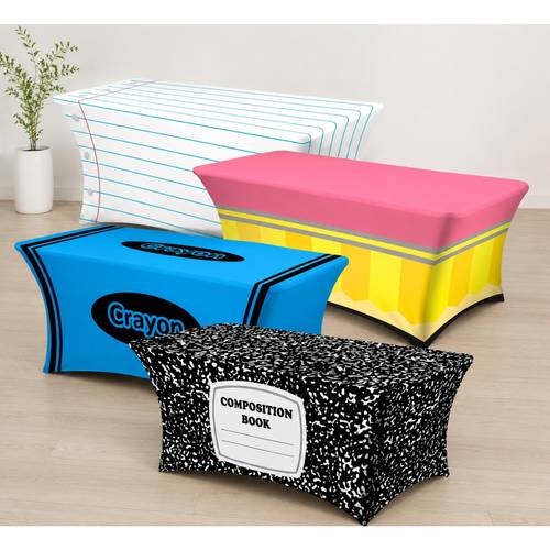 1pc stretch tablecloth art patterns black composition book pink pencil blue crayon white blue notebook design elastic table cover kids parties classroom birthday home decor