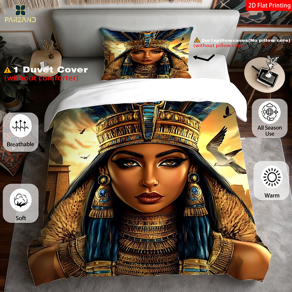 TEMU 2/3pcs 2d Flat Printing Egyptian Queen Print For Bedroom Decor Bedding Quilt Cover Pillowcases (1*duvet 1/2*pilowcases, Without Core), 2d Flat