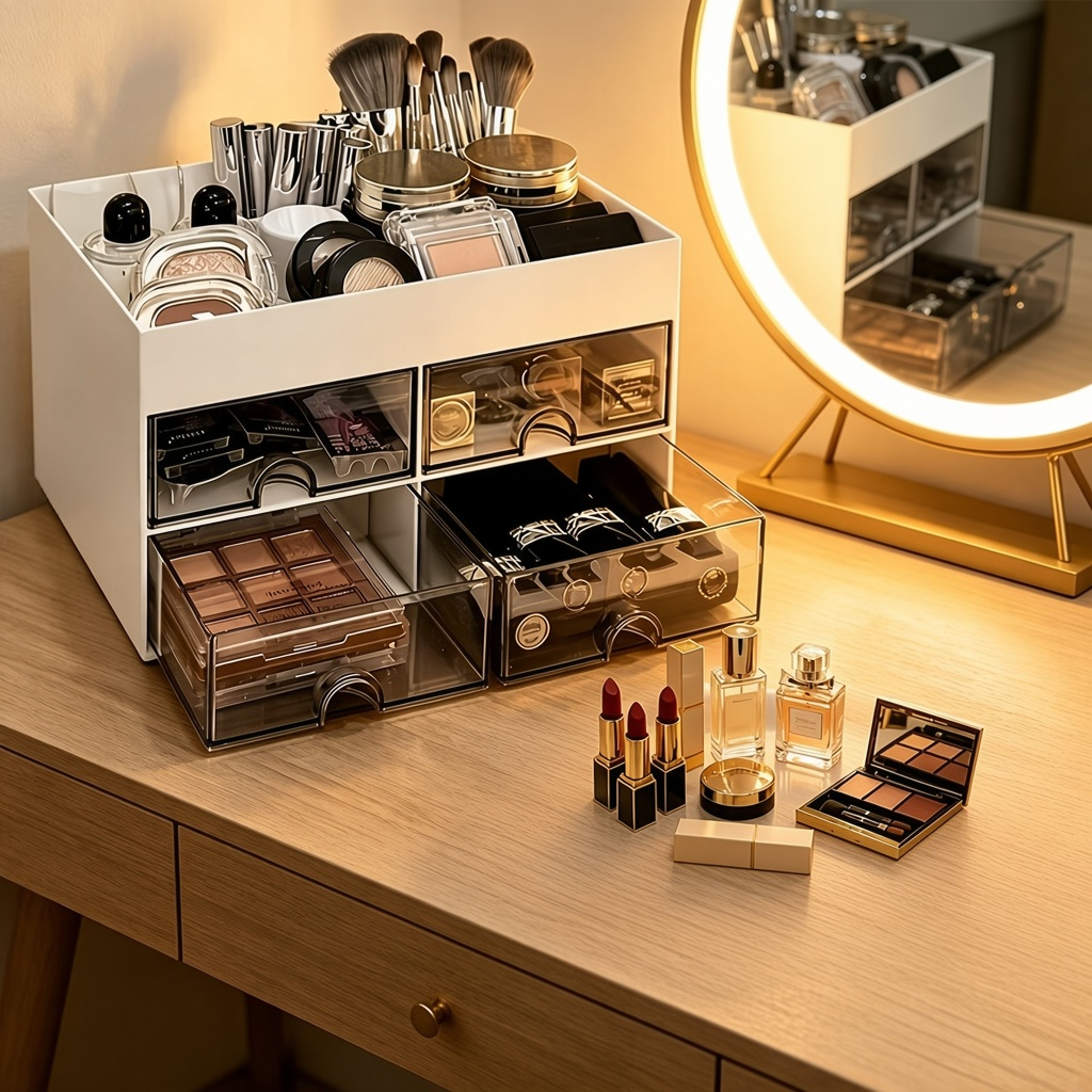 TEMU Boîte de Rangement Cosmétique avec 4 Tiroirs, Organisateur de Pinceaux de Cosmétique de , Grande Boîte de Rangement et d' Cosmétique de Grande