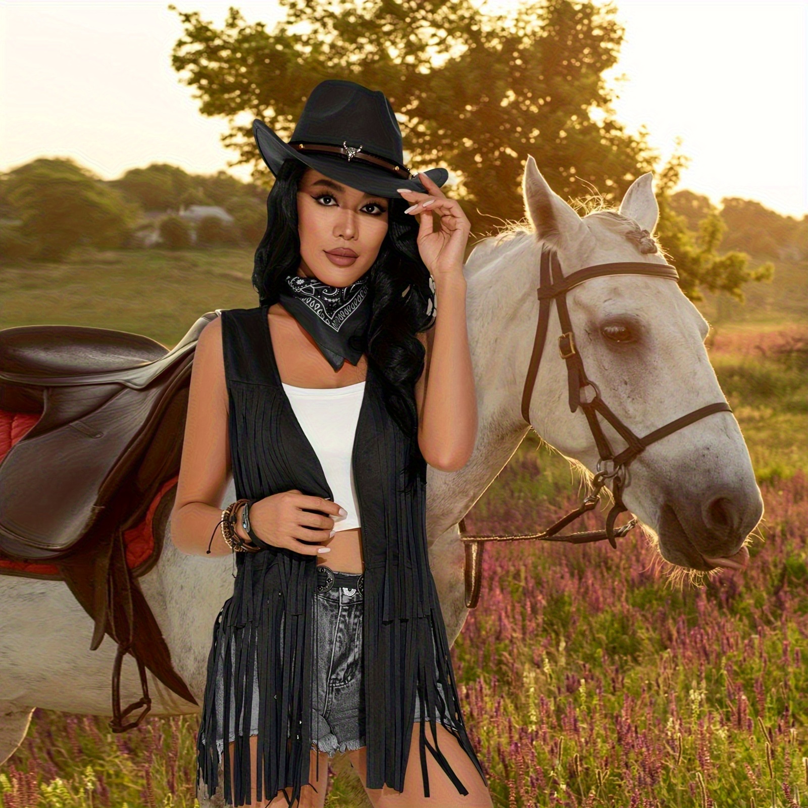 Cowgirl Costume Hat & Bandana Set for Women Western Rodeo Party Amazon.com: Coume 10 Set Cowboy Hat and Bandana for Women  main image 4