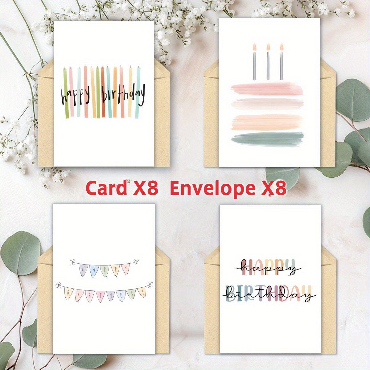 Image of 16pcs Set (8 Envelopes + 8 Cards) Fun And Cute Cartoon Candle Cake Birthday Cards, Blank Greeting Cards For Family, , , Father's Day, Mother's Day, Thanksgiving, Valentine's Day, Easter, And