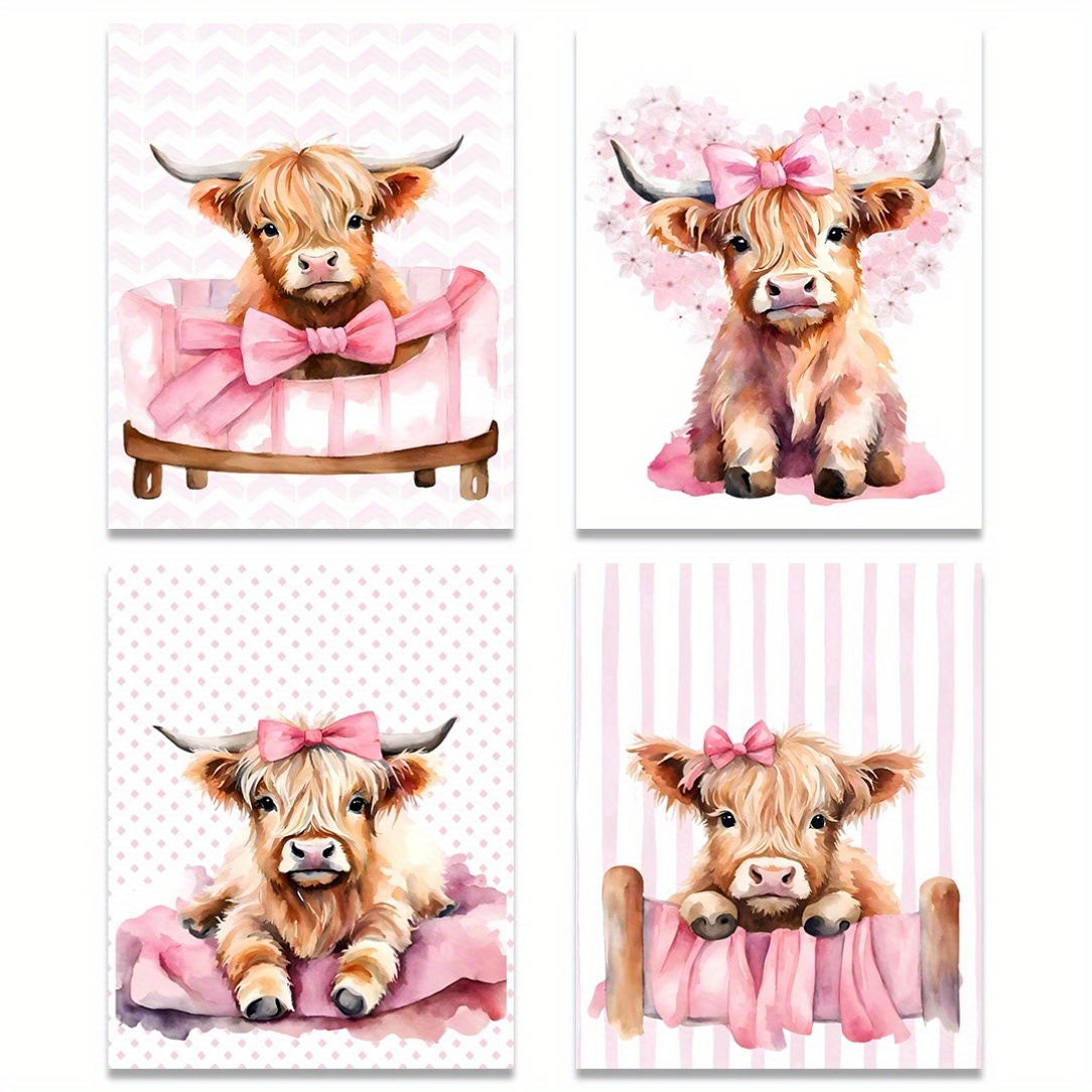 TEMU Frameless 4pcs Highland Cow Nursery Wall Art Prints, Highland Cow Pink Theme Suitable For Living Rooms And Bedrooms, 8x10inch