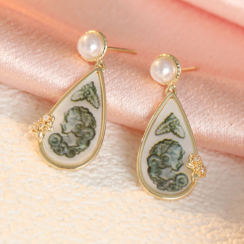 Vintage Inlaid Synthetic White Cubic Zirconia Dangle Earrings