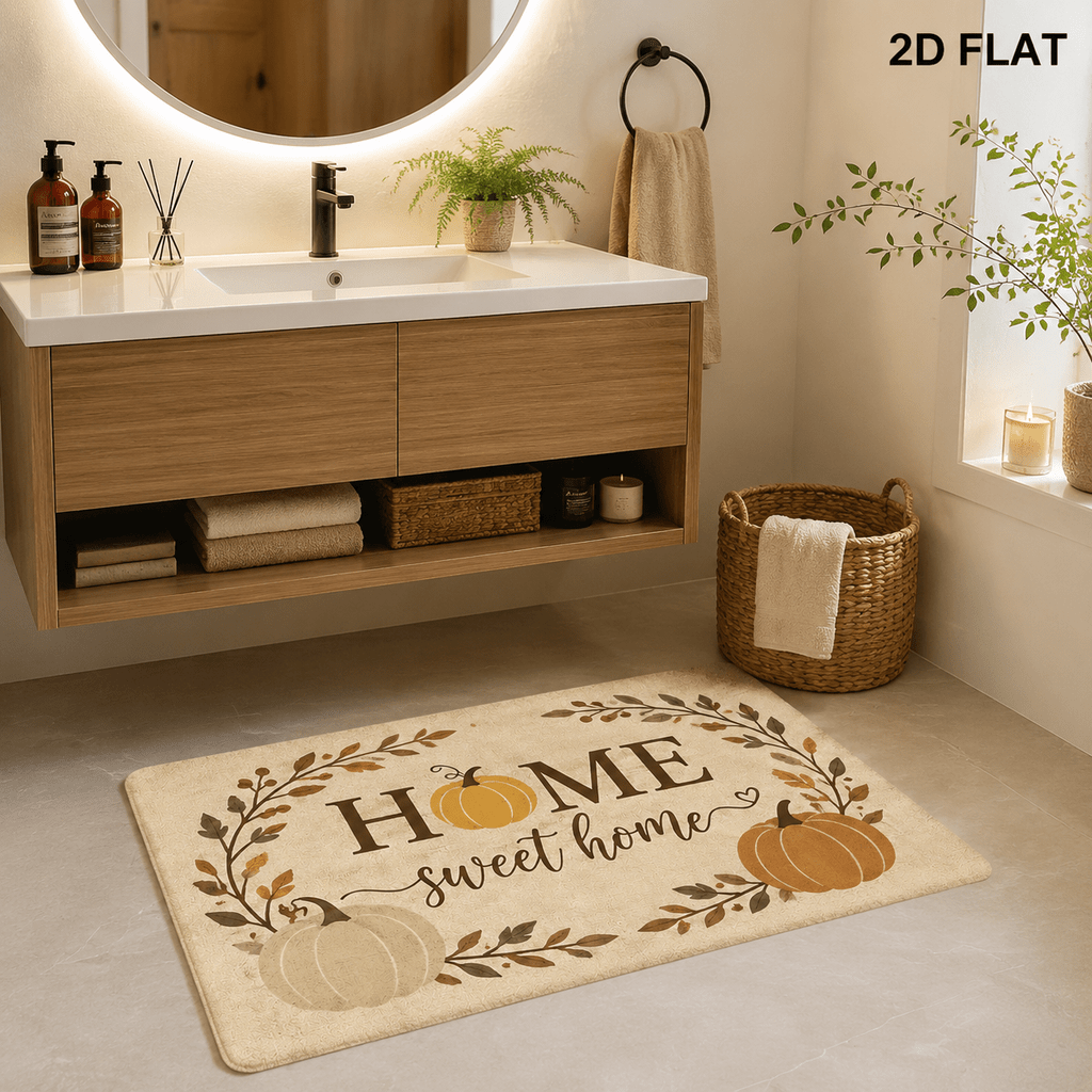 TEMU 2d Flat, 1pc 2d Flat Bath Rug Flannel Rectangular Printed Floor Mat With Pumpkin And Autumn Leaf Wreath Sweet Home Letter Print Beige Rustic