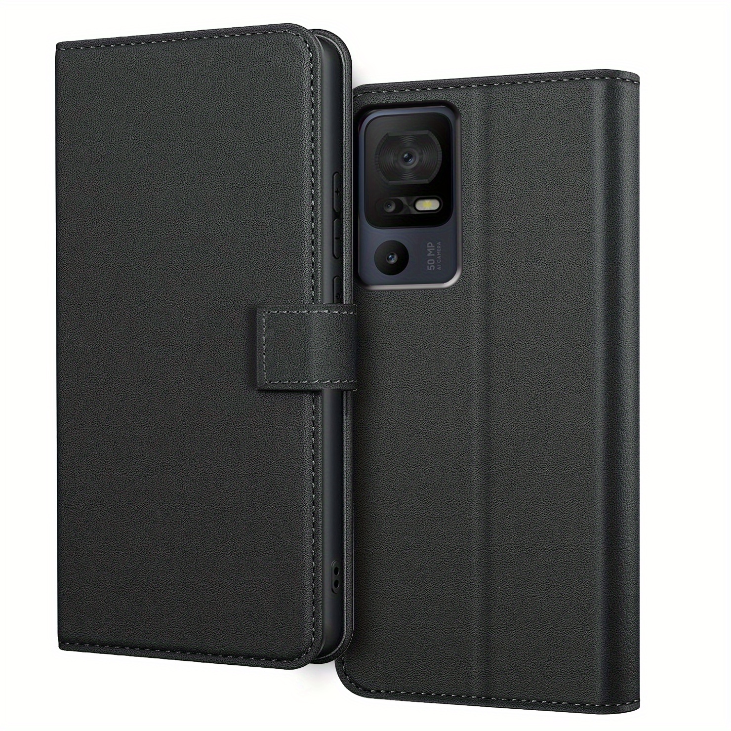 TEMU para Teléfono - Cubierta para TCL 40 SE, con Soporte, Ranura para Tarjetas y de Cuero Sintético Negro