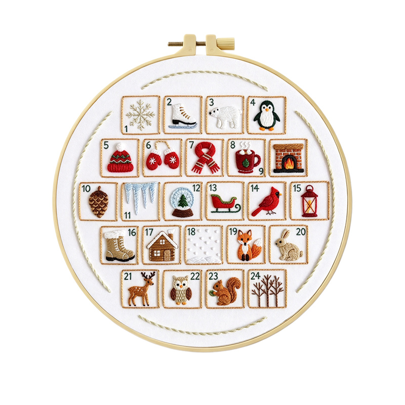 TEMU Christmas Embroidery Kit Set, Winter Advent Calendar Pattern, Hand Embroidery Kit For Adults And Beginners, Pre-printed Fabric, Embroidery Hoop,