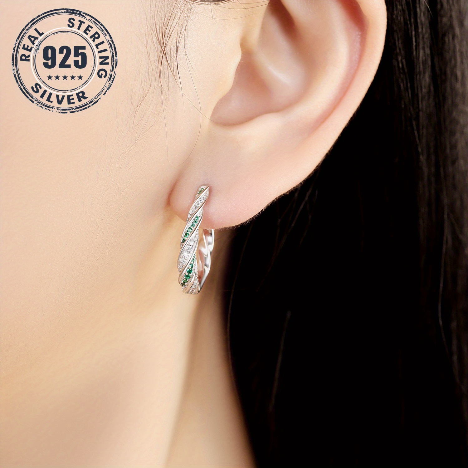 1 pair s925 sterling silver hoop earrings green twisted design hypoallergenic high quality jewelry for   for daily wear or gifting daily wear earrings twisted hoop earrings hypoallergenic earrings Product details 2