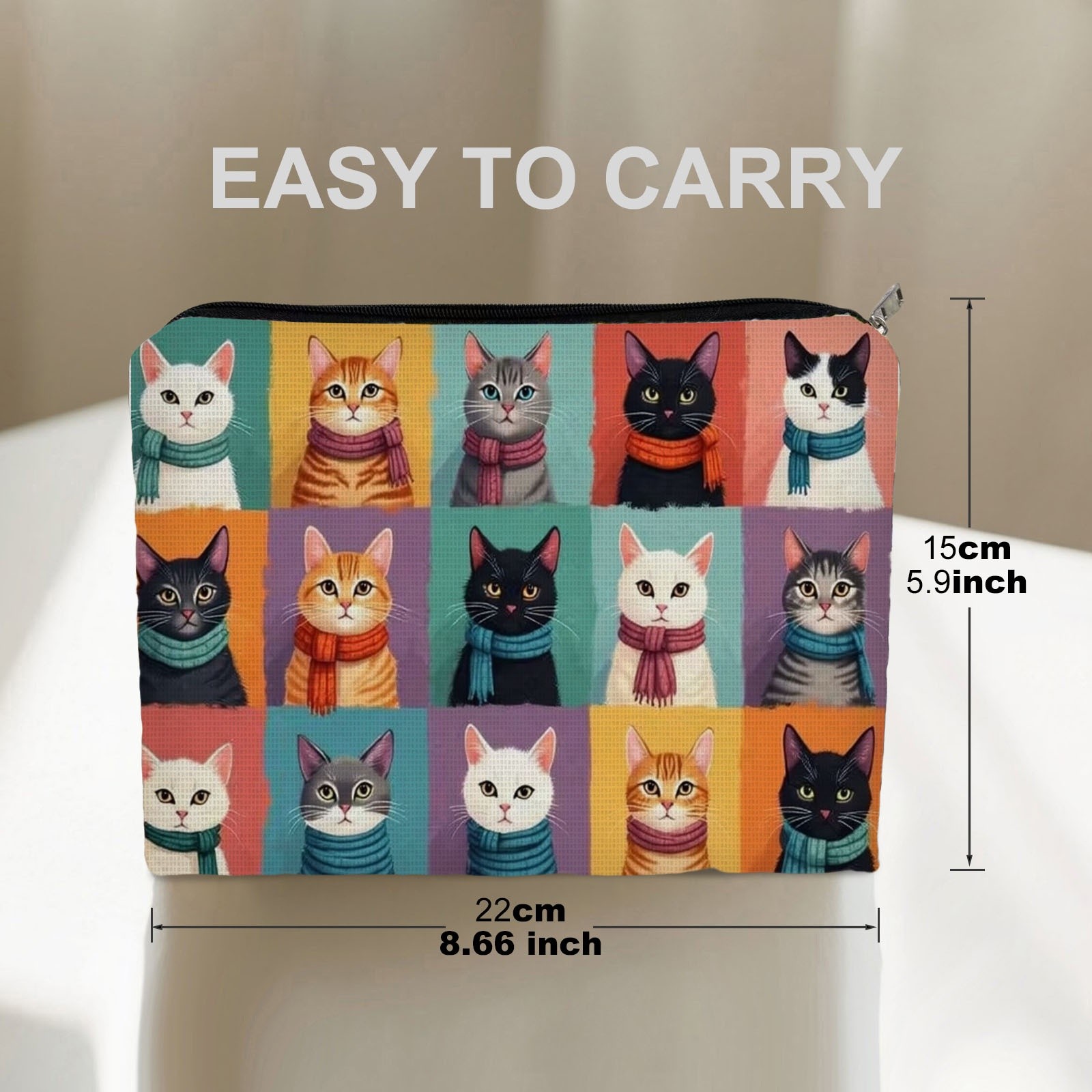 TEMU 1pc Double-sided Cosmetic Bag, 8.66in*5.9in, Polyester Material, Cute Cartoon Cat Pattern, Vibrant Colored Background, For Beauty & Personal