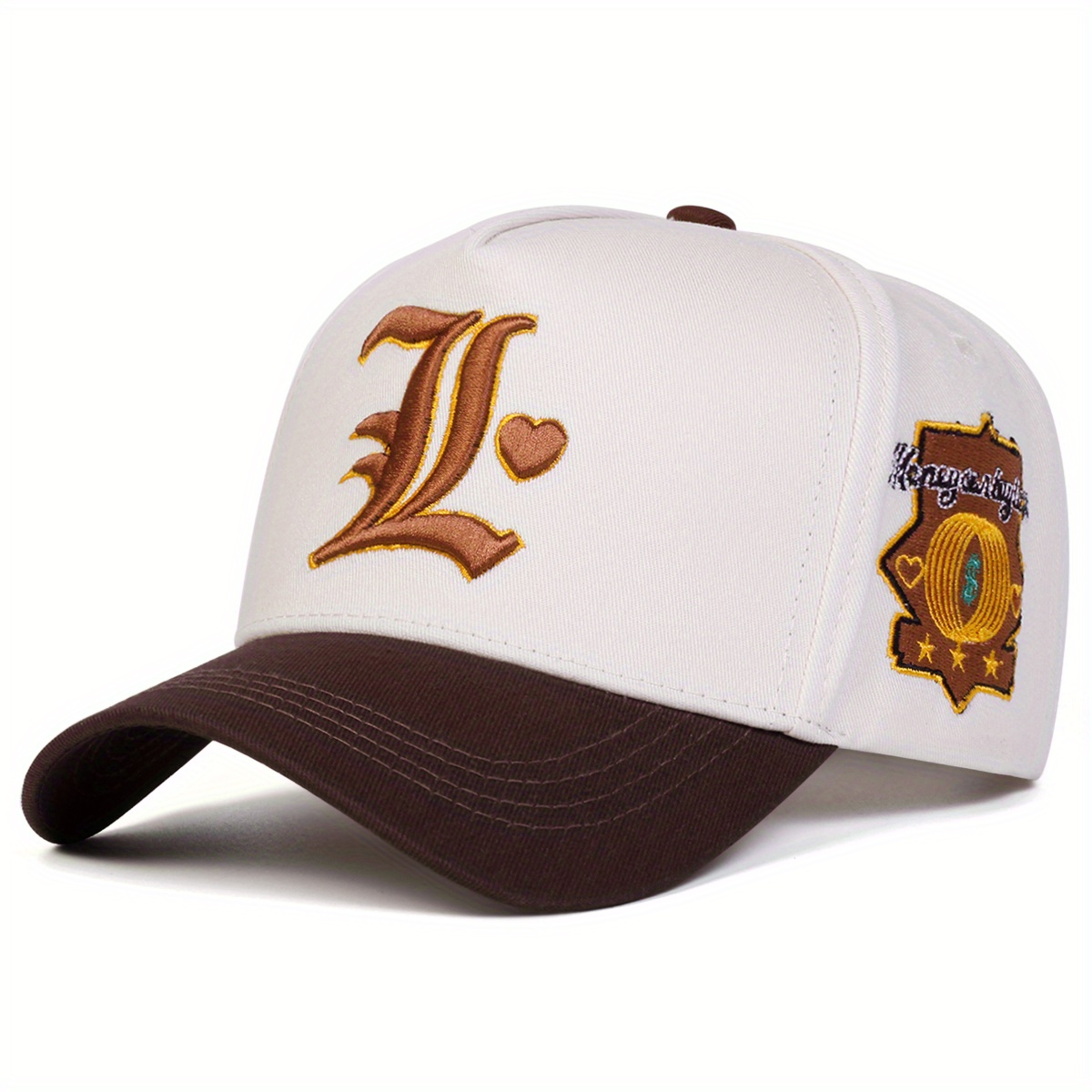 TEMU Casquette de baseball pour femmes avec broderie de lettres et de cœurs, dotée d'un design à panneaux, ajustable pour une tenue décontractée air