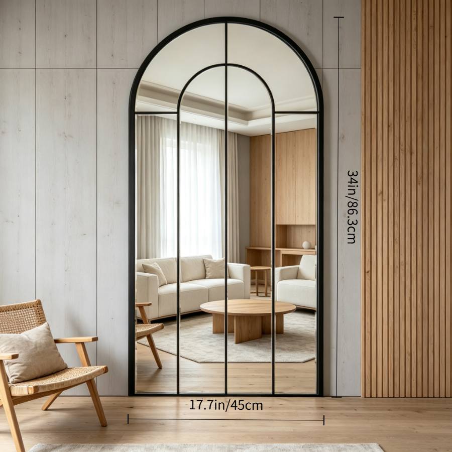 Arched Window Panel Wall Mirror with Wood Frame