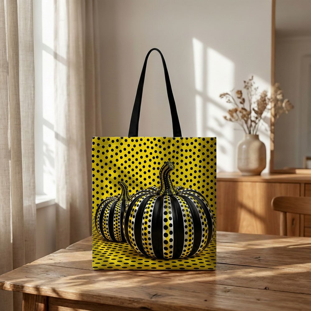 TEMU [reusable Grocery Bags] 2d Flat, Polka Dot Pumpkin Yellow Black Canvas Tote Bag Shopping Bag, Lightweight Shoulder Bag, Multifunctional Shopping