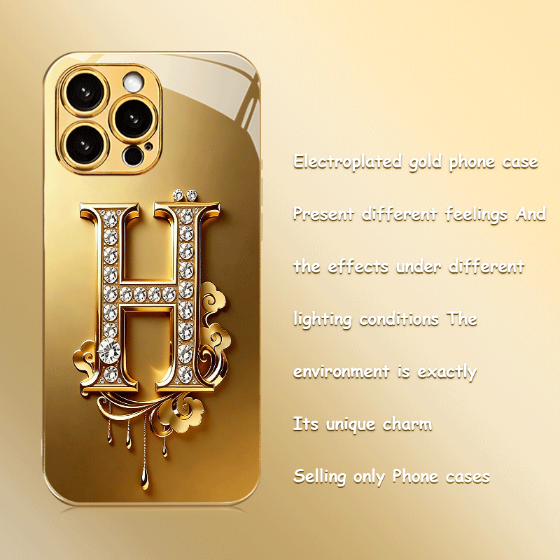 TEMU Phone Case: Premium Fashion Gold Diamond H-letter Inlaid Gold Pattern New Electroplated Gold Tempered Glass Phone Case For Iphone 17, 17 Pro, 17