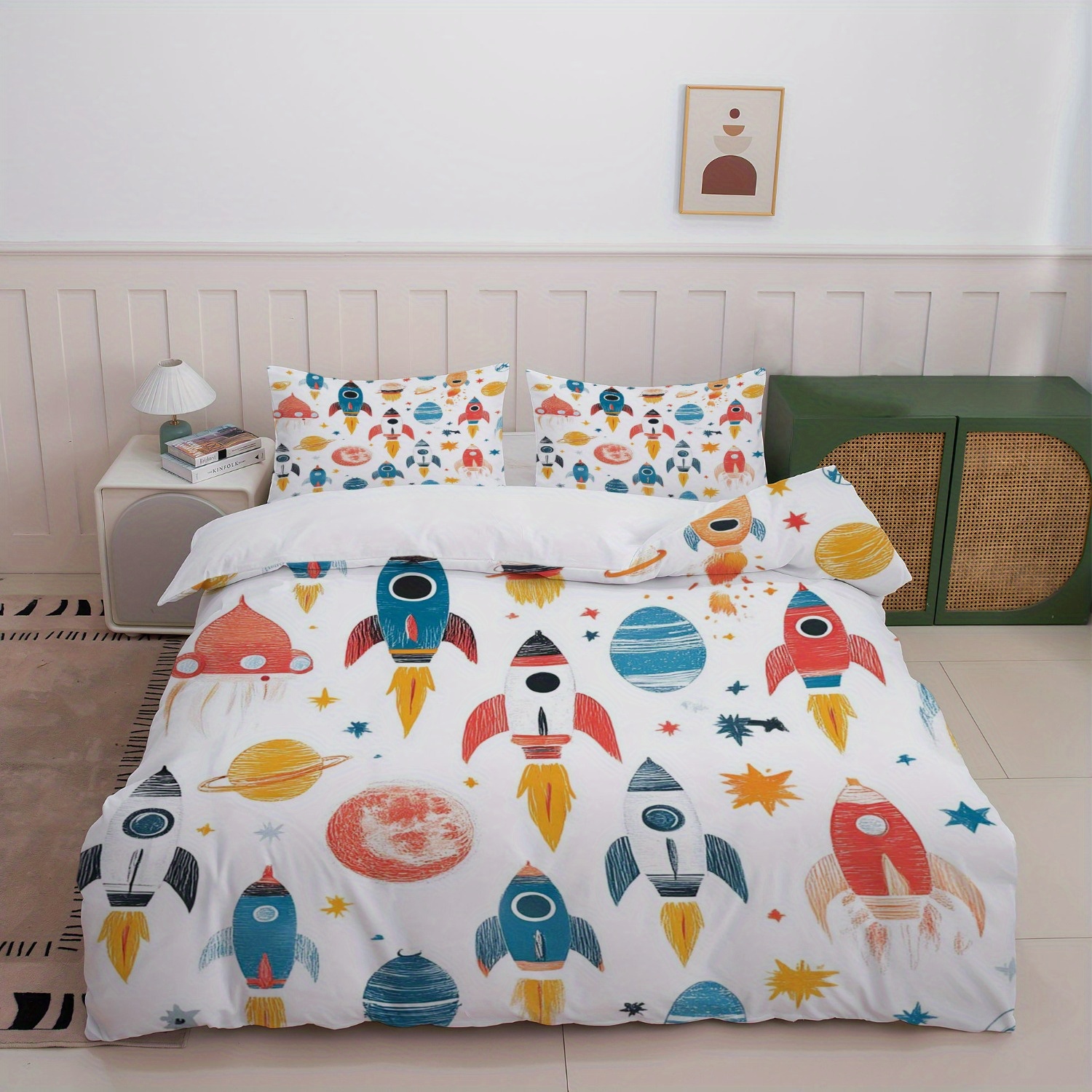 space rocket bedding set white multicolor cartoon print Temu