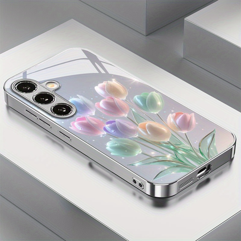 TEMU Phone Case: Colorful Tulip Patterned Electroplated Glass Mobile Phone Case For Patterned Electroplated Glass Phone Case For Galaxy S25/s25