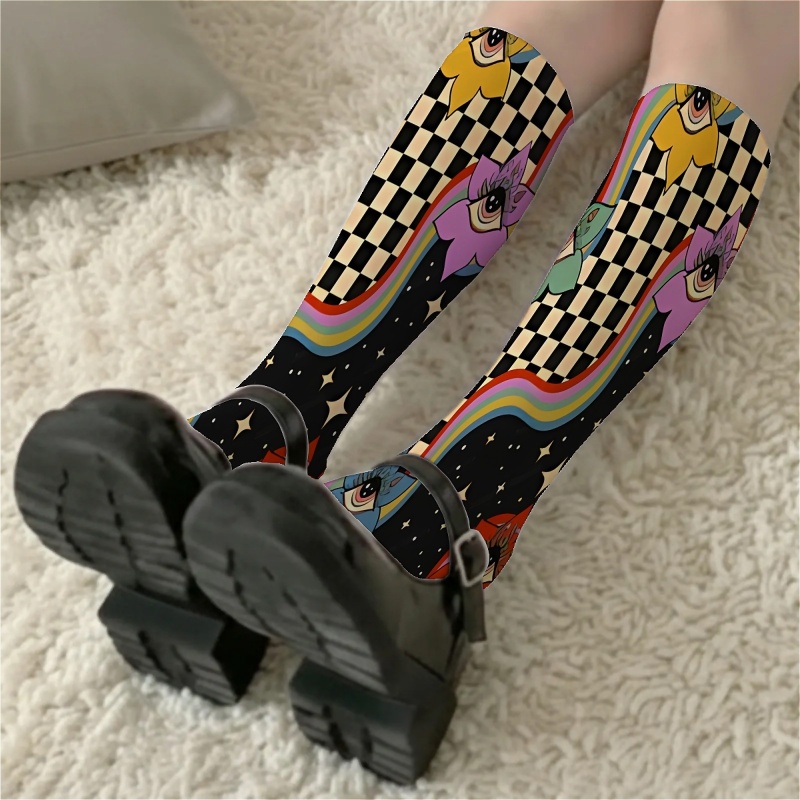TEMU 1 Pair Of Women's Calf Socks With A Fun Printed Design Featuring An And Checkerboard Pattern, Sexy,, And Thin Style, Versatile For Streetwear,