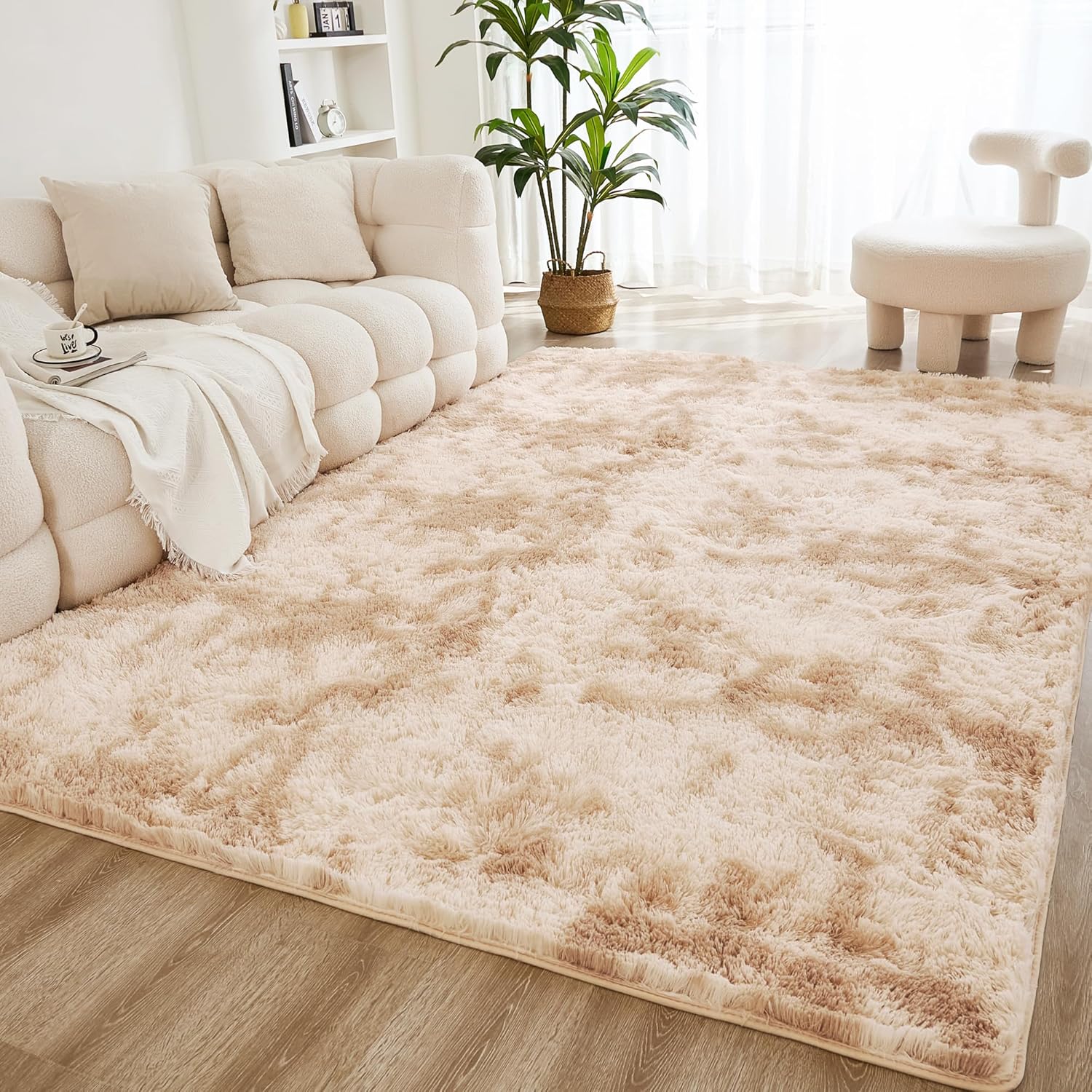 TEMU 200x300cm Beige Tie-dye Long Pile Shaggy Rug | Non-slip Shed-free Fluffy Floor Mat For Living Room, Bedroom, Dorm & Game Room