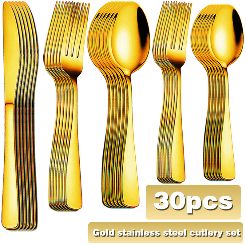 Image of 20/30pcs Golden Stainless Steel Cutlery Set, Heavy-duty Metal Flatware, Dishwasher-safe Dining Utensils, Mirror-polished Luxury Tableware, Suitable For Home, Parties And Weddings