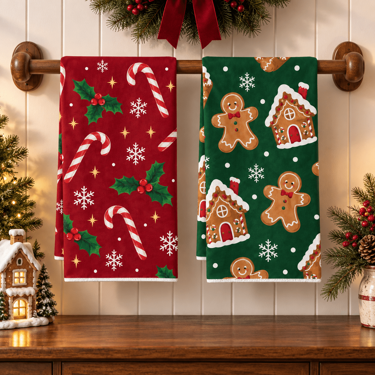 TEMU 2pcs Red Background Cane Candy Green Background Gingerbread Man Gingerbread House Kitchen Towels Dishcloths, Decorative Kitchen Tableware,