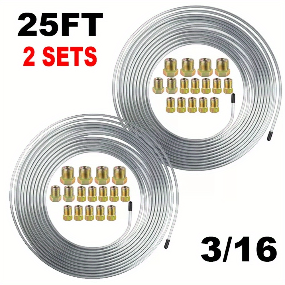 TEMU 2 Rolls Car Flexible Double Galvanized Steel Brake Line Tubing Kit 3/16" Od 25 Ft Coil Rolls + 32 Fittings