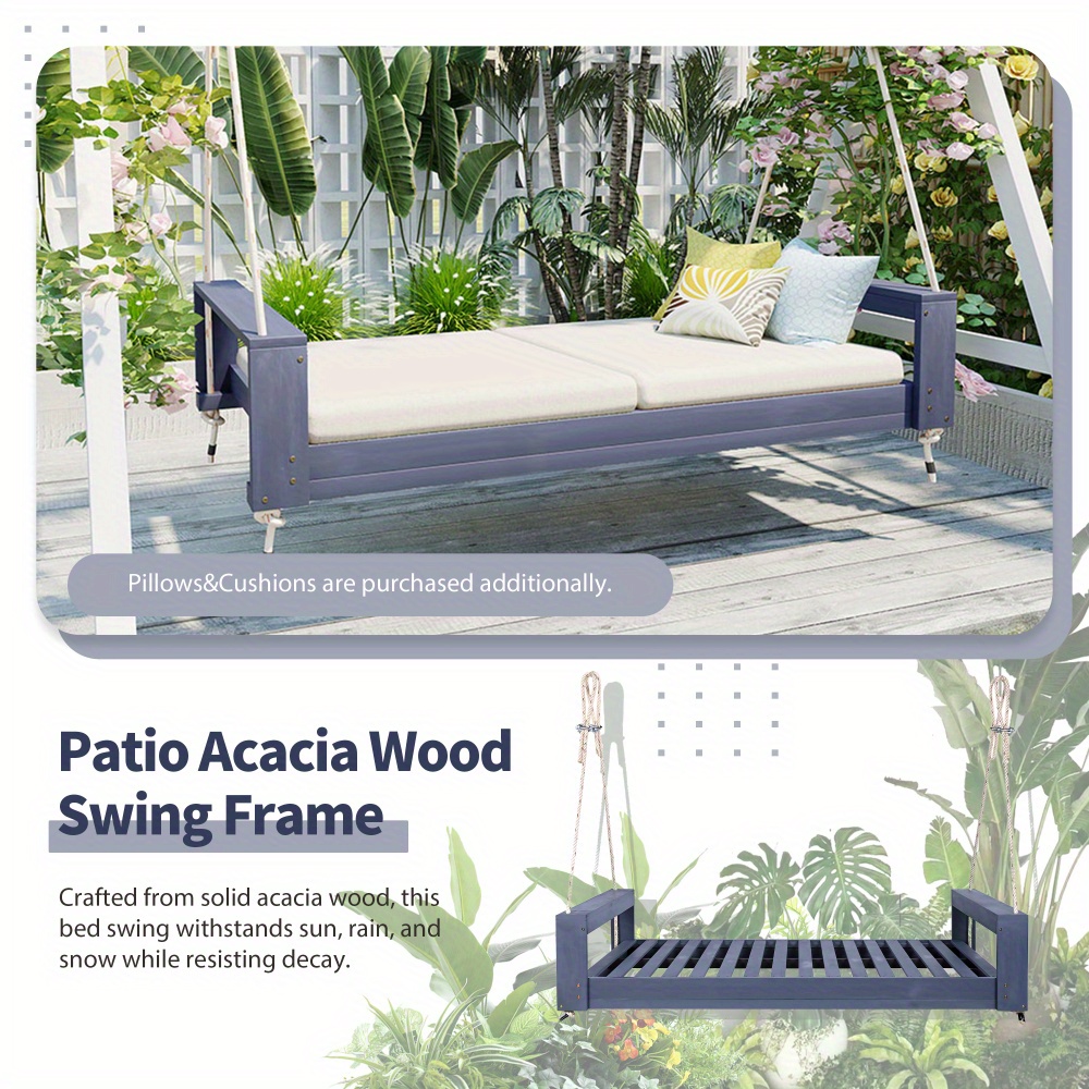 Garden seating. Swing chair. Double-sized porch swing bed seating set with hemp rope swing frame, suitable for gardens and backyards. Minimalist rustic style, ideal for courtyards and gardens. Mattress sold separately.