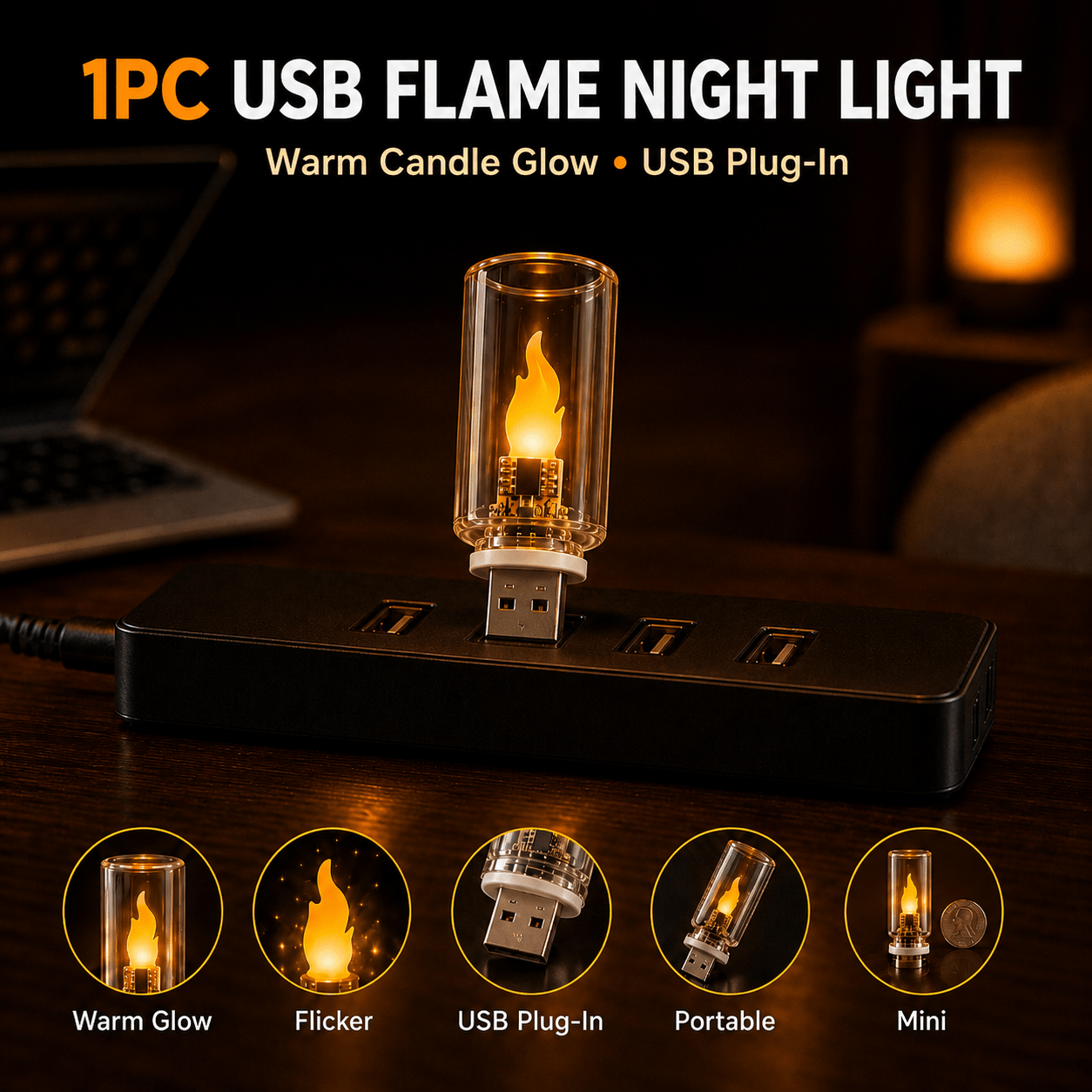 TEMU 1pc Led Realistic Flame Candle Light, Usb Touch-control Night Light, Flickering Colors, Heat-resistant Shade & High-quality End, Bedside Car