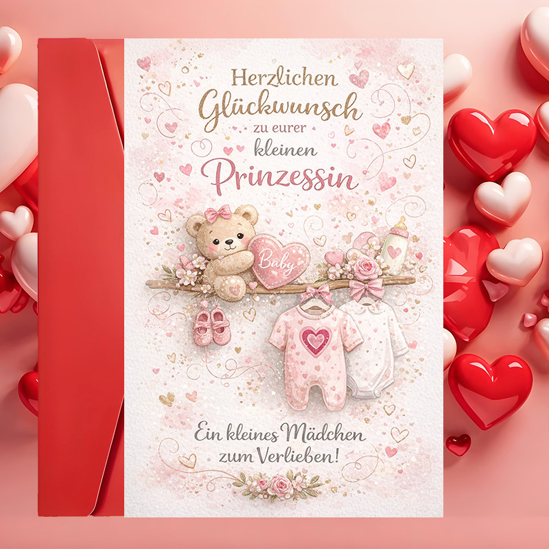 E-shop 1 Grußkarte + 1 Umschlag Süße Baby Mädchen Glückwunsch Karte für frischgebackene Eltern und Babypartys zum Feiern des Eintretens einer kleinen