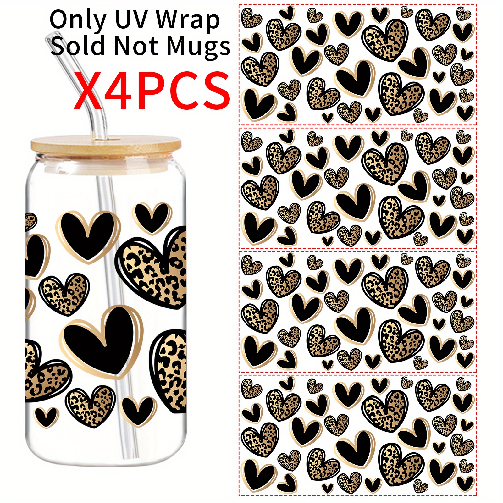 E-shop Set mit 4, Black-, Leopardenmuster, Goldrand-Transferaufkleber, UV DTF Transfer Selbstklebende Abziehbilder, Geeignet für 16-Ounce Glasbecher,