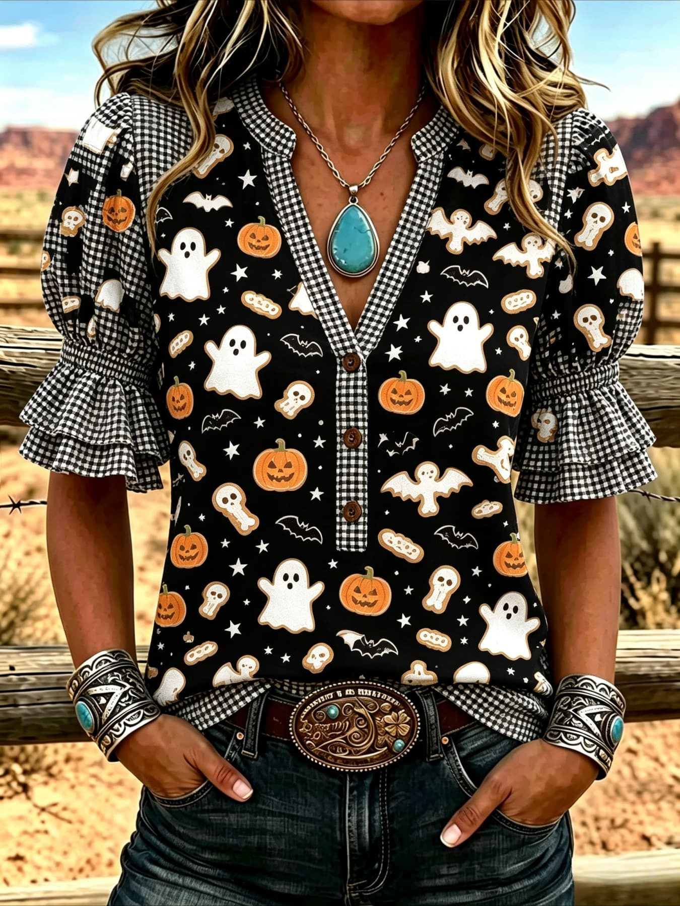 black and white checkered halloween ghost skull cookie pumpkin bat and   v neck shirt for women with   puff short sleeves and half button western style top