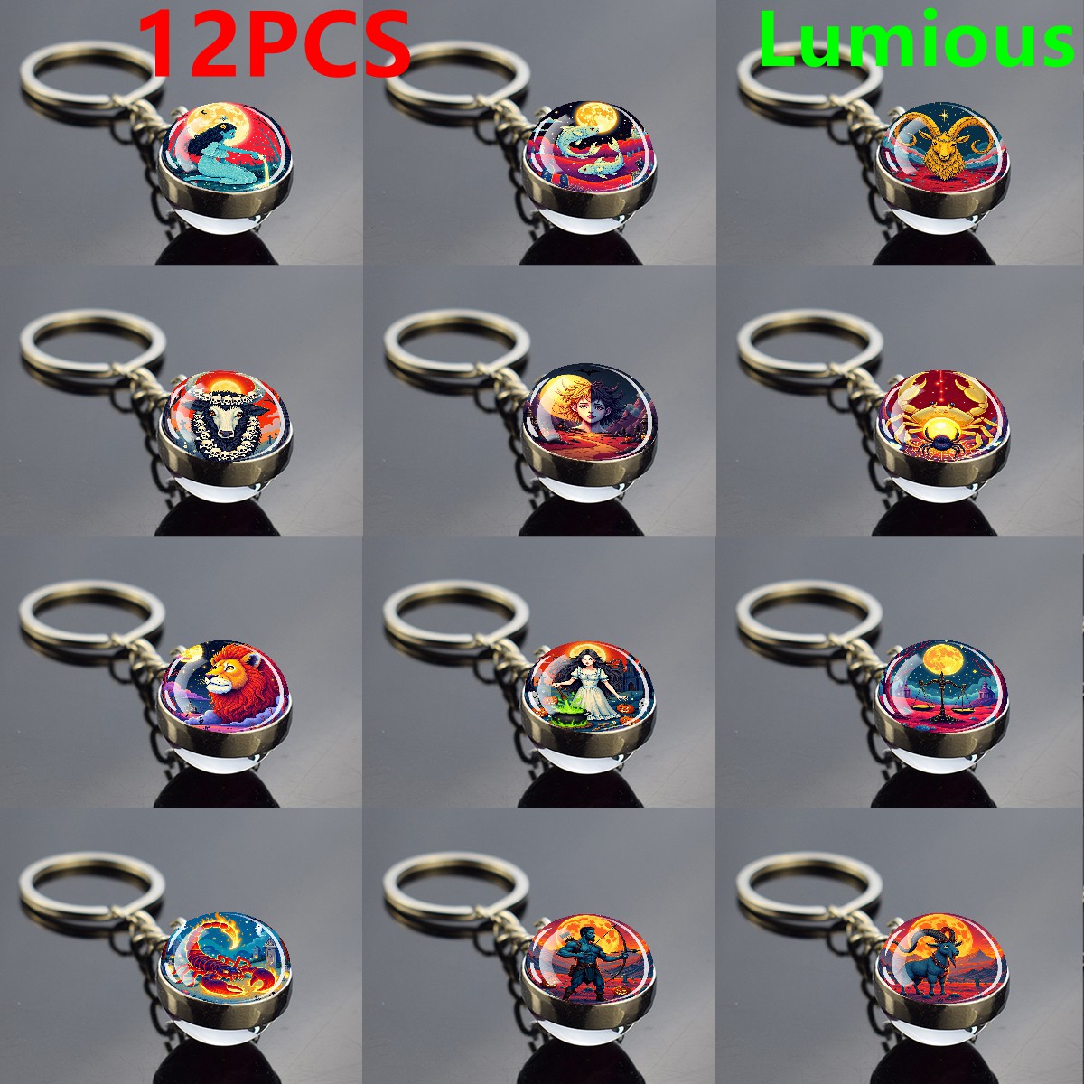 TEMU 12 llaveros artísticos del que en , 12 llaveros con diseño de personajes de constelaciones, llavero de de vidrio luminosa de cara, regalos