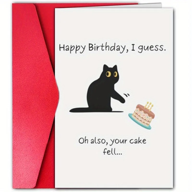 TEMU Fun Birthday Card With Black Cat And Cake Design - Humorous "oh, Your Cake Fell" Message, Suitable For Any Occasion