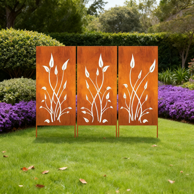 Outdoor Privacy Screen (3pcs Set), Outdoor Metal Wall Decoration, Large Metal Wall Sculpture, Wrought Iron Wall Art, Metal Garden Flowers