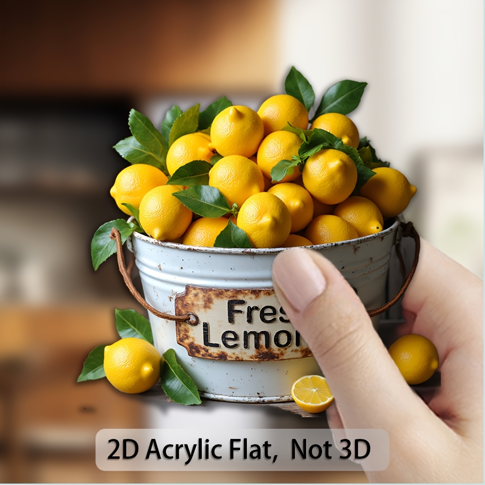 TEMU 1pc Lemon Theme Fridge Magnet - Retro Galvanized Bucket With Lemons And Lemon Sign, Acrylic And Rubber Soft Magnet, For Refrigerator, Door,