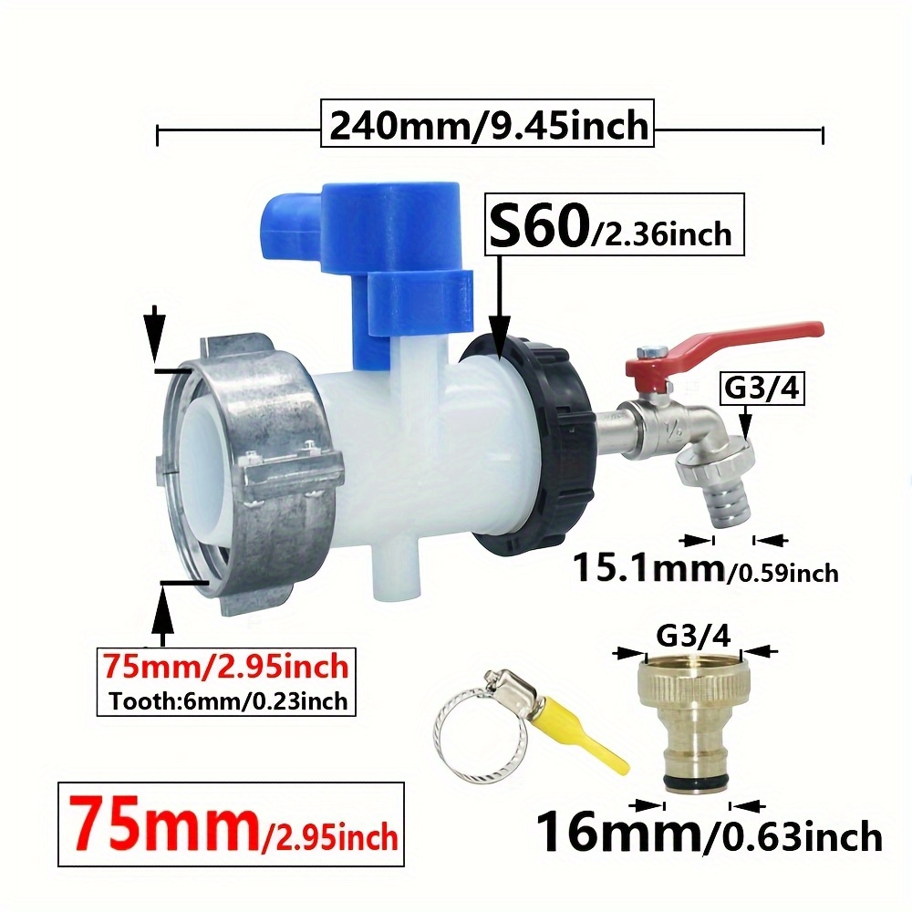 Image of Durable Plastic Ibc Water Tank Connector S60 75mm To 15mm/16mm With Ergonomic Handle& Leak-proof Design For 999.99l Outdoor Rainwater Collection, Garden Irrigation, Ton Barrels& Lawn Care