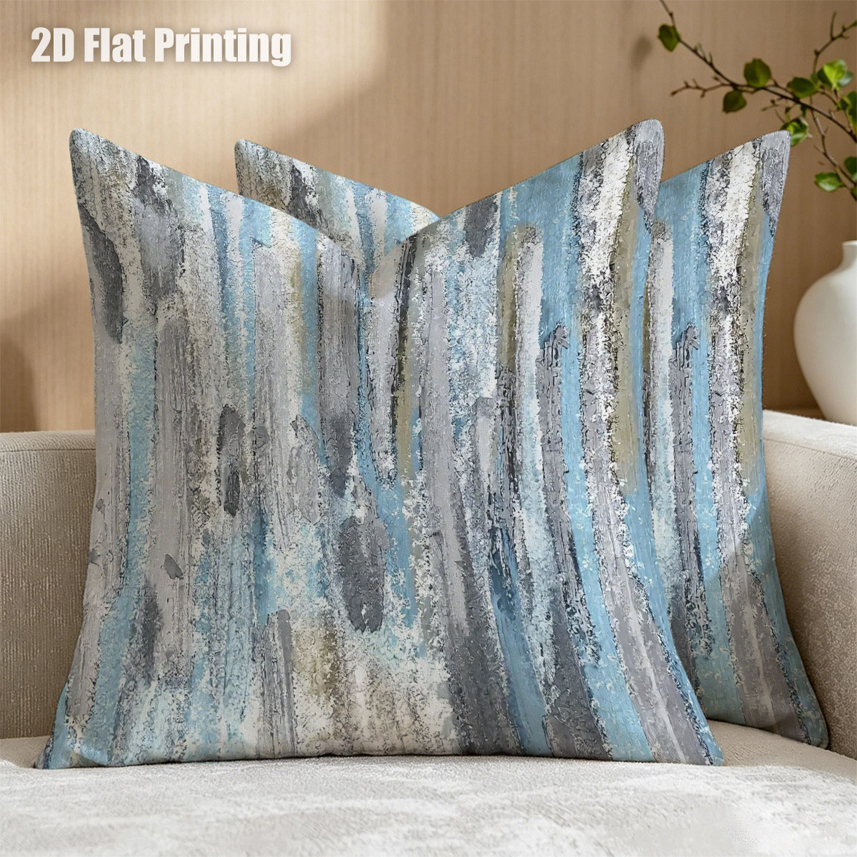 TEMU 2pcs Bohemian Abstract Vertical Cushion Covers - Modern Blue Gray Striped Sofa Bed Pillowcases Suitable For Living Room, Cozy, Zipper Closure,