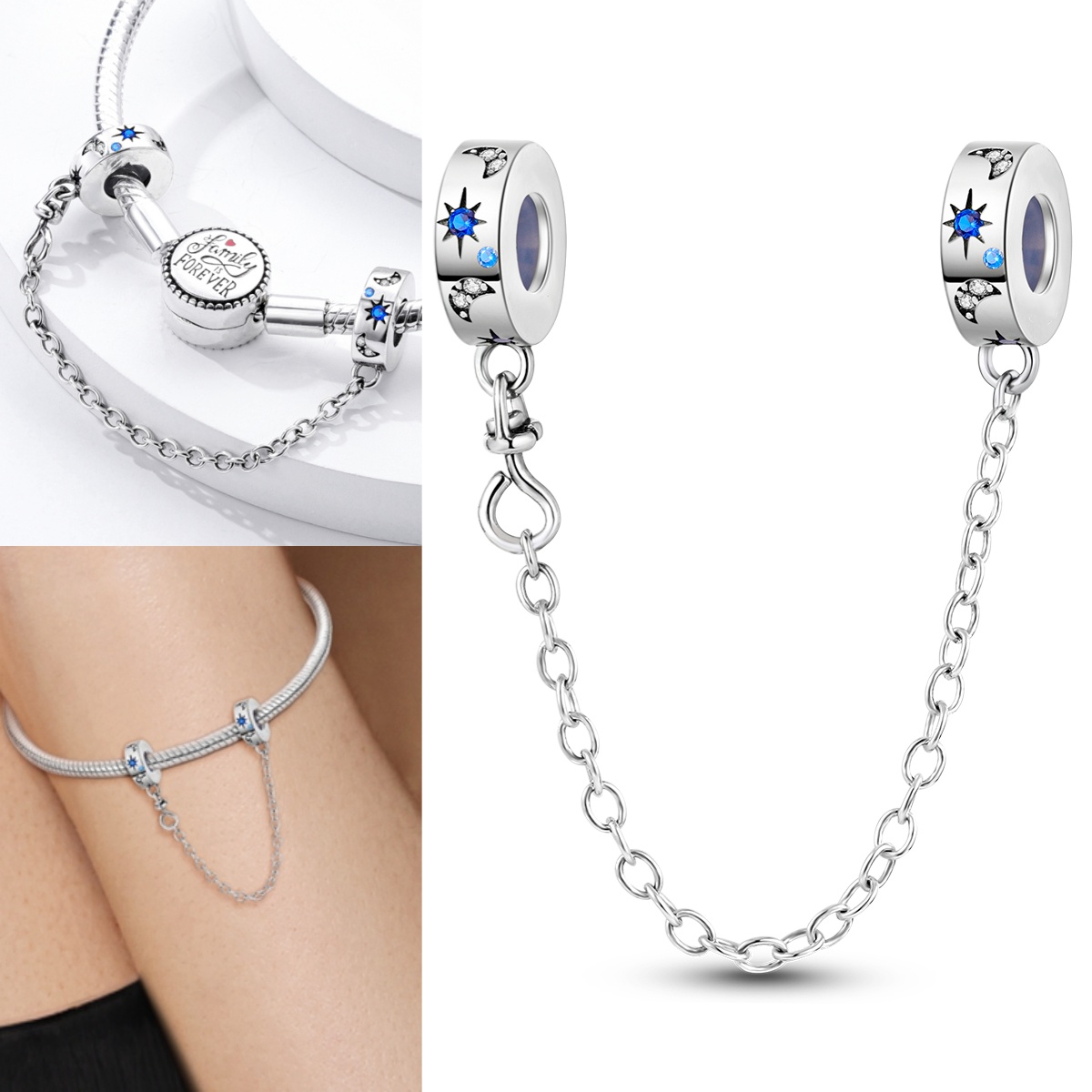 TEMU 1pc 1pc=1pcs White K Cubic Synthetic Cubic Zirconiaia Glowing Starry Pendant - Suitable For 3mm Bracelet Necklace Beads, Anti-lost Safety Chain