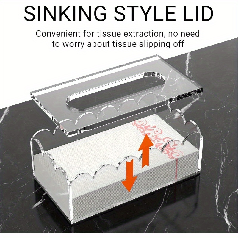clear acrylic tissue box cover holder with non-slip lid - heavy-duty 8mm thick rectangular napkin dispenser organizer, fits standard tissue boxes, modern white &   for bathroom, office, kitchen countertop storage (8.9 x4.9 x2.9 ) - dust-resistant & hygienic surface protector, tissue box holder, facial tissue holder, kleenex box holder, kleenex box cover Product details 3