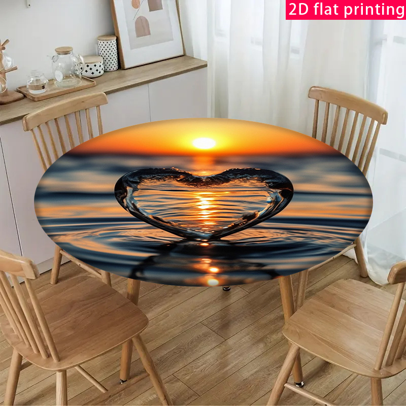 TEMU 2d Exquisite Seaside Sunset Heart Pattern Elastic Round Tablecloth, Perfect For Indoor And Outdoor Picnics And Camping Activities, Suitable For
