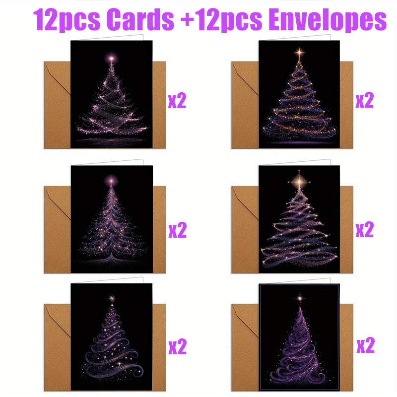 TEMU 24pcs Starlight & Purple Christmas Tree Greeting Cards | 12pcs Cards With 12pcs Envelopes, Blank Inside For Personal Messages, Ideal For New