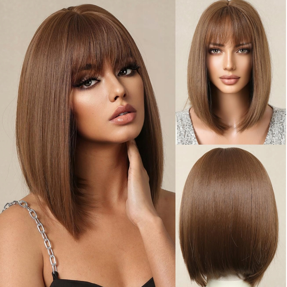 1 Set 12 Inch Brown Short Straight Bob Wig With Bangs, Daily Wear Women Synthetic Hair