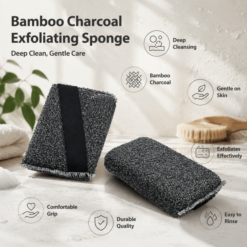 Bamboo Charcoal Bath Sponge, Exfoliating Body Scrub